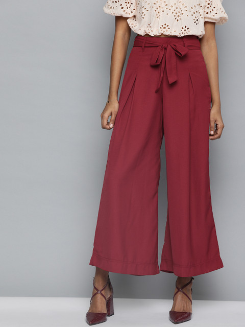 

HERE&NOW Women Maroon Solid Flared Cropped Palazzos
