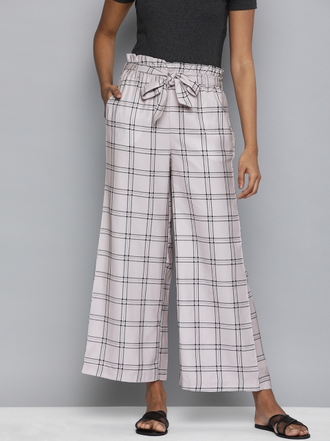 

HERE&NOW Women Pink & Black Regular Fit Checked Parallel Trousers