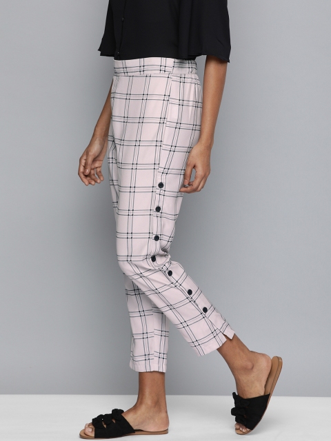 

HERE&NOW Women Pink & Black Regular Fit Checked Regular Trousers