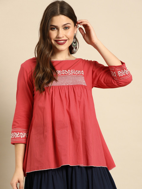 

Soch Coral Red Embroidered Tunic With Gathered Detailing