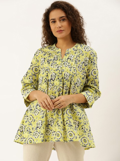 

Soch Women's Yellow & Grey Floral Printed A-line Tunic with Pleated Detail