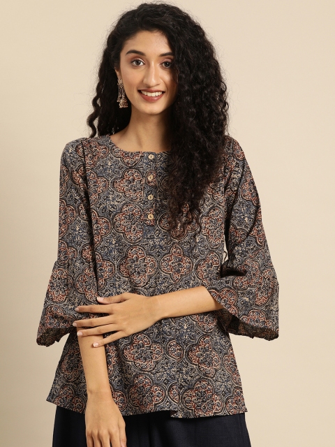 

Soch Women Blue & Maroon Printed Pure Cotton Top