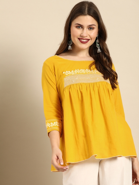 

Soch Mustard Yellow Embroidered Tunic With Gathered Detailing