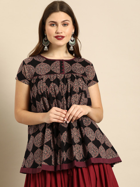 

Soch Women's Black & Beige Printed Tunic With Gathered Detailing