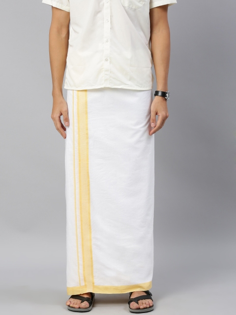 

RAMRAJ COTTON Men White Solid Dhoti With Yellow Border