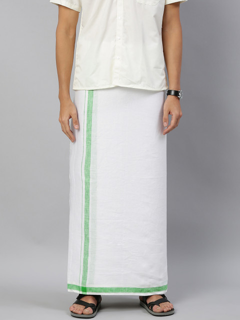 

RAMRAJ COTTON Men White Solid Linen Dhoti With Green Border