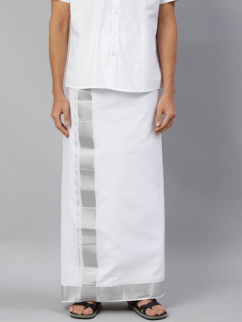 

RAMRAJ COTTON Men White Solid Dhoti With Silver Zari Border