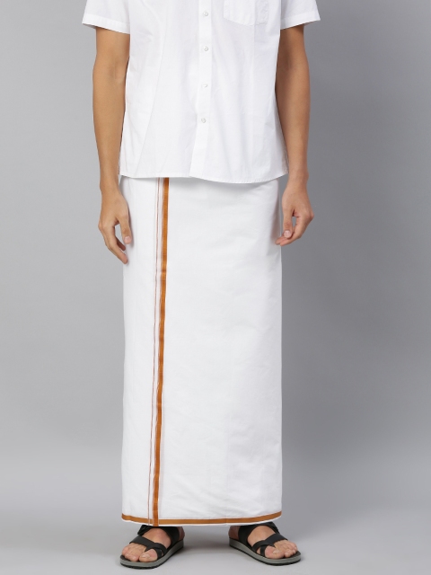 

RAMRAJ COTTON Men White Solid Dhoti with Rust Orange Border