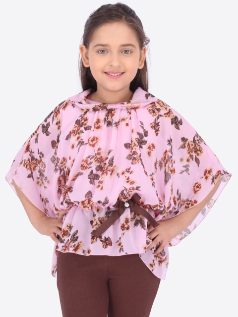 

CUTECUMBER Girls Pink & Brown Floral Print Cinched Waist Top