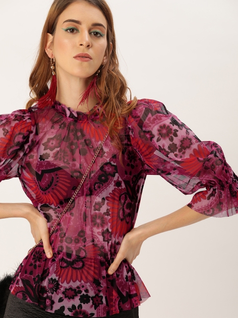 

Antheaa Women Pink Printed Cinched Waist Semi Sheer Top