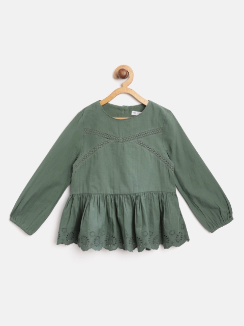 

Marks & Spencer Girls Olive Green Solid A-Line Top with Schiffli Embroidered Detail