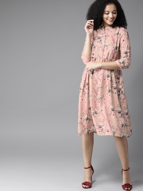 

HERE&NOW Women Peach & Cream-Coloured Printed A-Line Dress