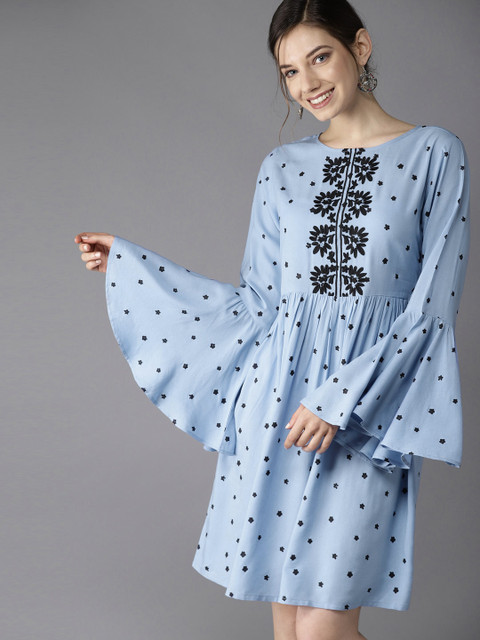 

HERE&NOW Women Blue Floral Embroidered Fit and Flare Dress