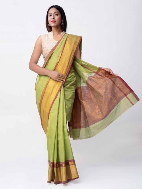 

Unnati Silks Green Handloom Pure Cotton Woven Design Chettinad Sustainable Saree