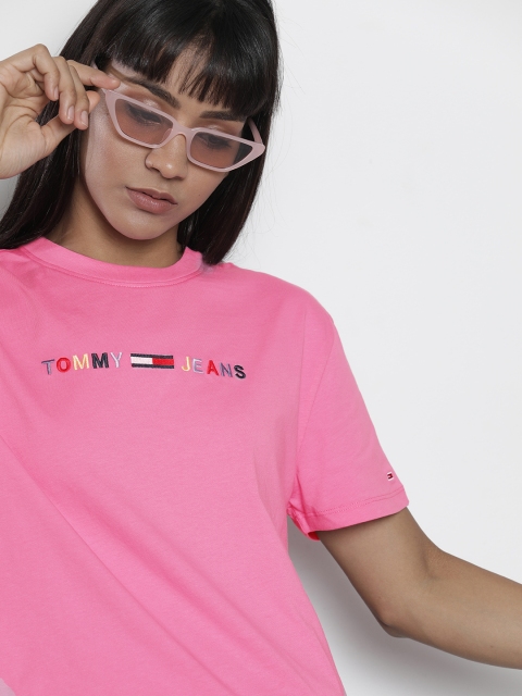 

Tommy Hilfiger Women Pink Solid Round Neck T-shirt With Embroidered Detailing
