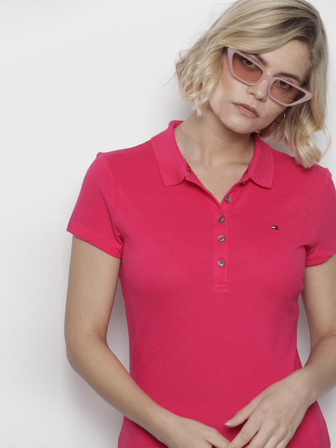 

Tommy Hilfiger Women Pink Solid Slim Fit Polo Collar T-shirt