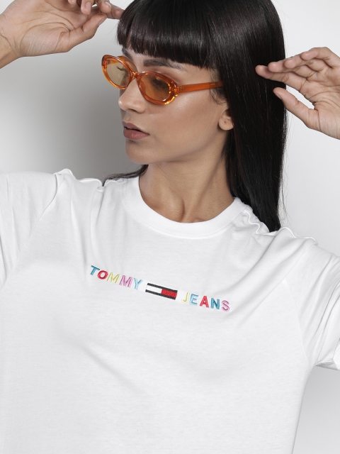 

Tommy Hilfiger Women White Solid Round Neck T-shirt with Embroidered Detail