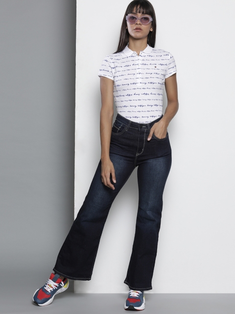 

Tommy Hilfiger Women White & Navy Blue Printed Polo Collar T-shirt