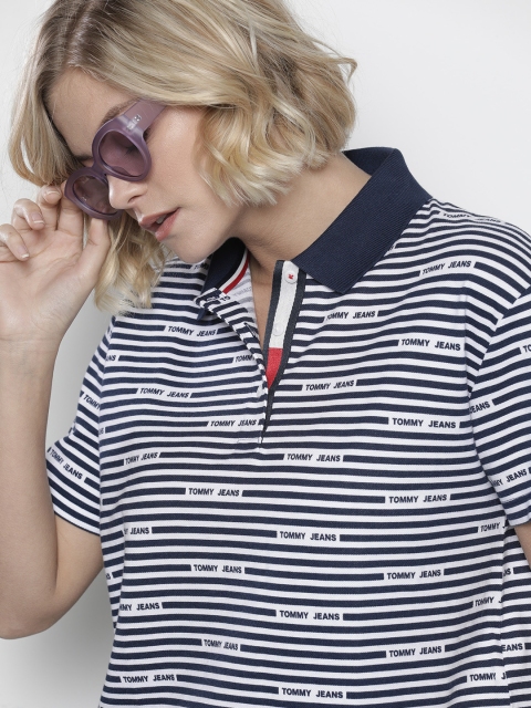 

Tommy Hilfiger Women Navy Blue & White Striped Polo Collar T-shirt