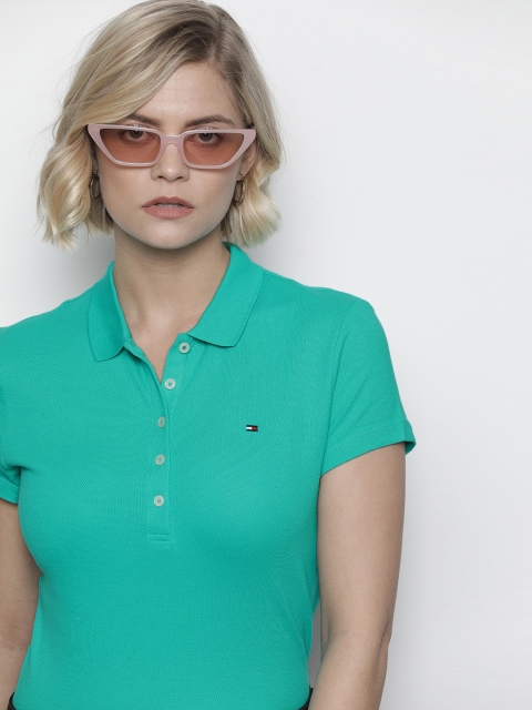 

Tommy Hilfiger Women Teal Slim FitSolid Polo Collar T-shirt