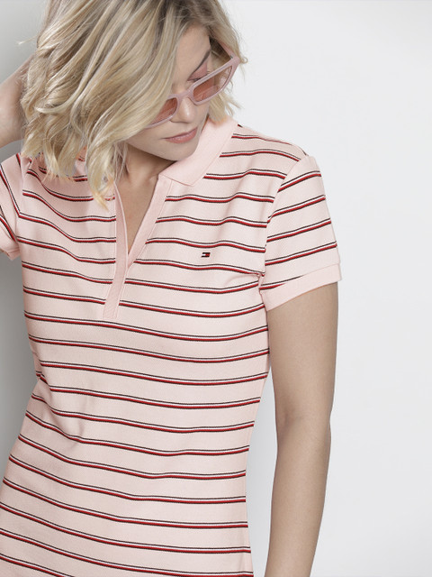 

Tommy Hilfiger Women Pink & Black Slim Fit Striped T-shirt Dress