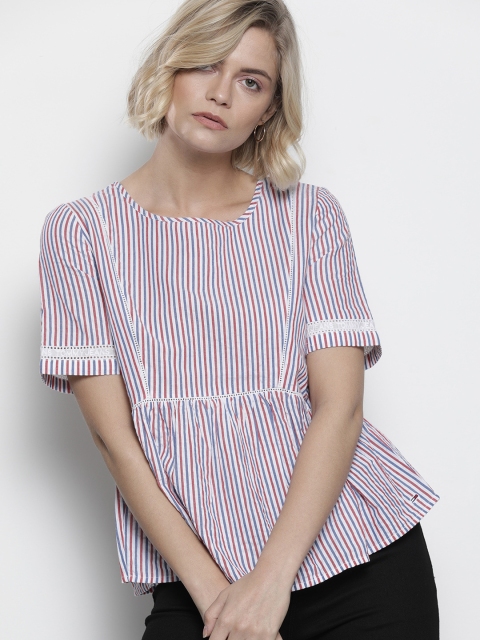 

Tommy Hilfiger Women White & Red Striped Peplum Top