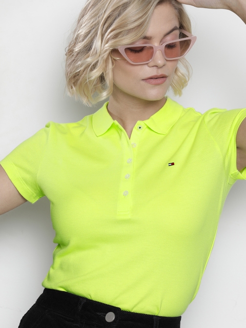 

Tommy Hilfiger Women Fluorescent Green Solid Slim Fit Polo Collar T-shirt