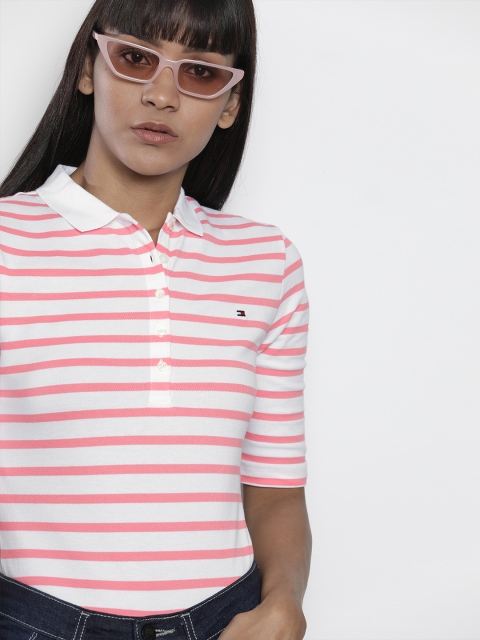 

Tommy Hilfiger Women White & Pink Striped Polo Collar T-shirt