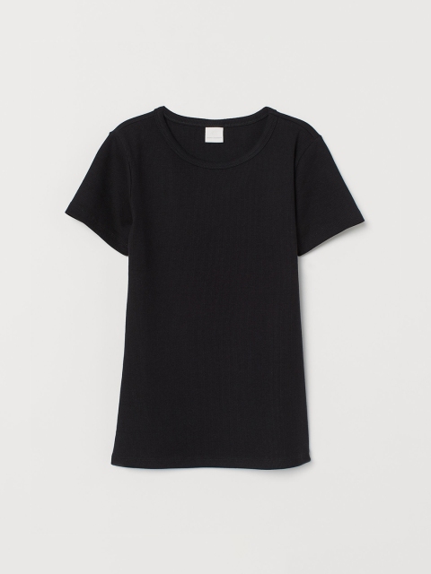

H&M Women Black Ribbed Cotton Sustainable T-shirt
