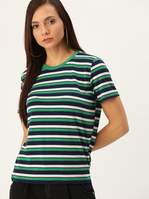 

FOREVER 21 Women Green & Navy Striped Round Neck T-shirt