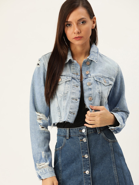 

FOREVER 21 Women Blue Solid Crop Denim Jacket