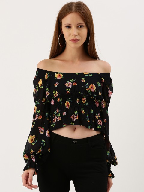 

FOREVER 21 Woman Black and Multi-Color Floral Printed Off-Shoulder Top
