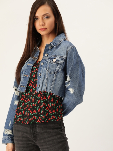 

FOREVER 21 Women Navy Blue Solid Crop Denim Jacket