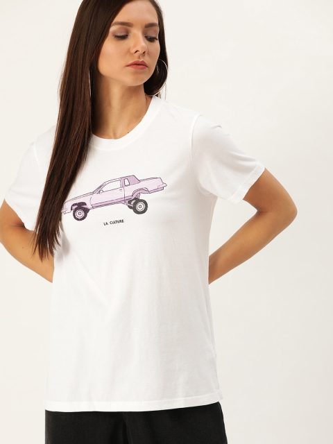 

FOREVER 21 Women White Printed Round Neck Pure Cotton T-shirt