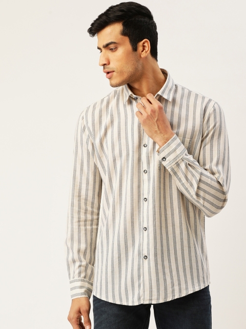 

Richlook Men Cream-Coloured & Black Slim Fit Striped Casual Shirt