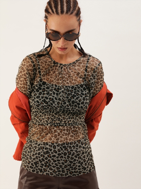 

LA LOFT Black & Brown Leopard Print Cinched Waist Sheer Top