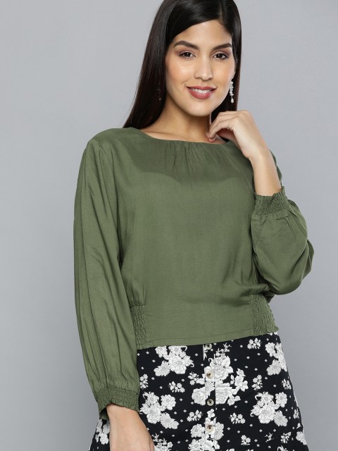 

HERE&NOW Women Olive Green Solid Smocking Detailed Top