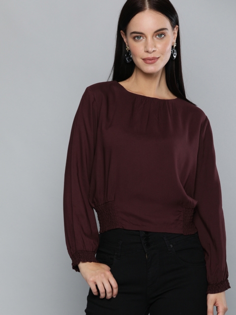 

HERE&NOW Women Burgundy Solid Cinched Waist Top with Smocking Detail