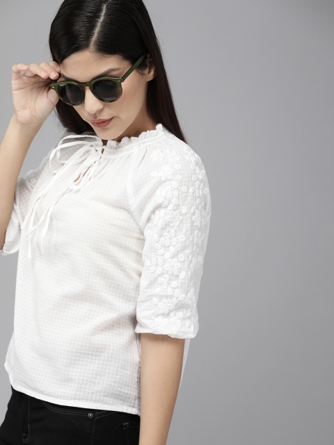 

Vero Moda Women White Checked Pure Cotton Top With Embroidered Detail