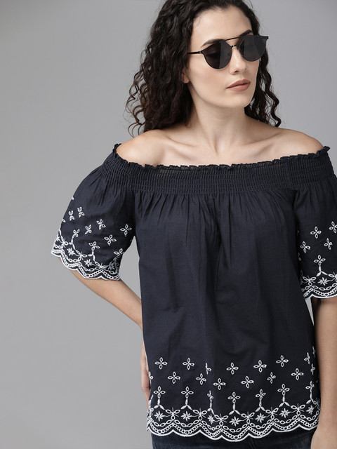 

Vero Moda Women Navy Blue & White Embroidered Bardot Top With Gathered & Schiffli Detail