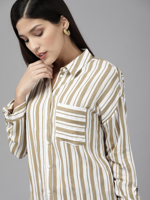 

Vero Moda Women Off-White & Beige Regular Fit Striped Casual Shirt