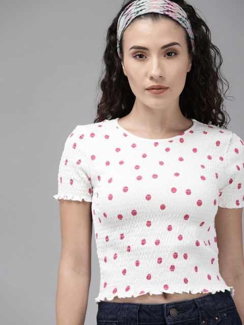 

Vero Moda Women White & Pink Polka Dot Fitted Pure Cotton Top With Smocking & Lettuce Edge Detail