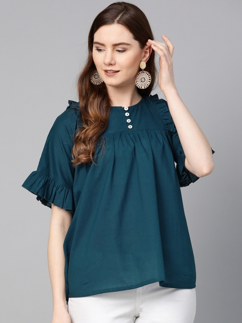 

ETHNIC STREET Women Teal Blue Solid A-Line Top