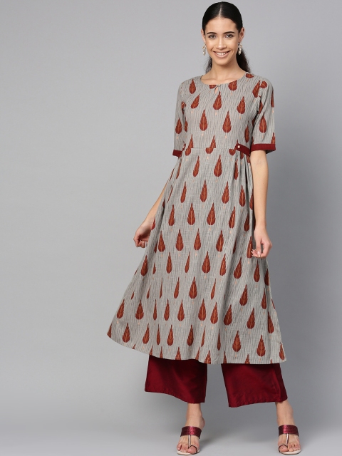 

ETHNIC STREET Women Grey & Maroon Printed A-Line Kurta