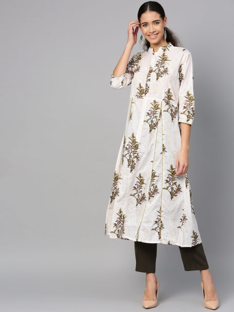 

ETHNIC STREET Women Off-White & Olive Green Printed A-Line Kurta
