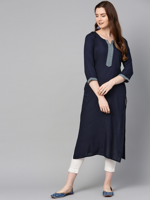 

ETHNIC STREET Women Navy Blue Solid Straight Kurta