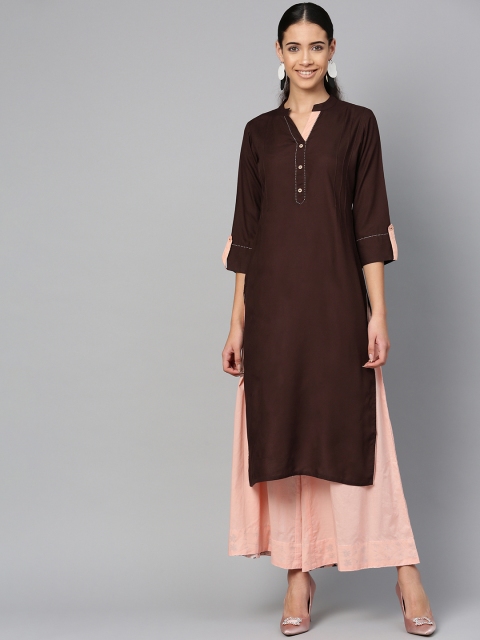 

ETHNIC STREET Women Coffee Brown Solid Straight Kurta