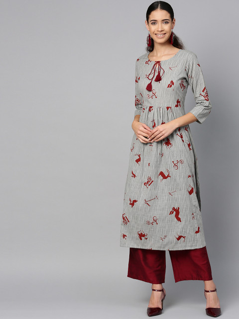 

ETHNIC STREET Women Grey & Maroon Printed A-Line Kurta