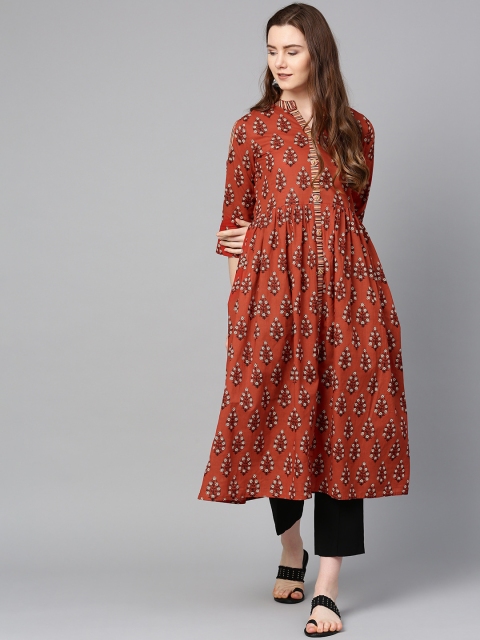 

ETHNIC STREET Women Rust Orange & Black Cold-Shoulder Printed A-Line Kurta