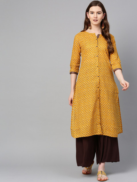 

ETHNIC STREET Women Mustard Yellow & Brown Printed Straight Kurta